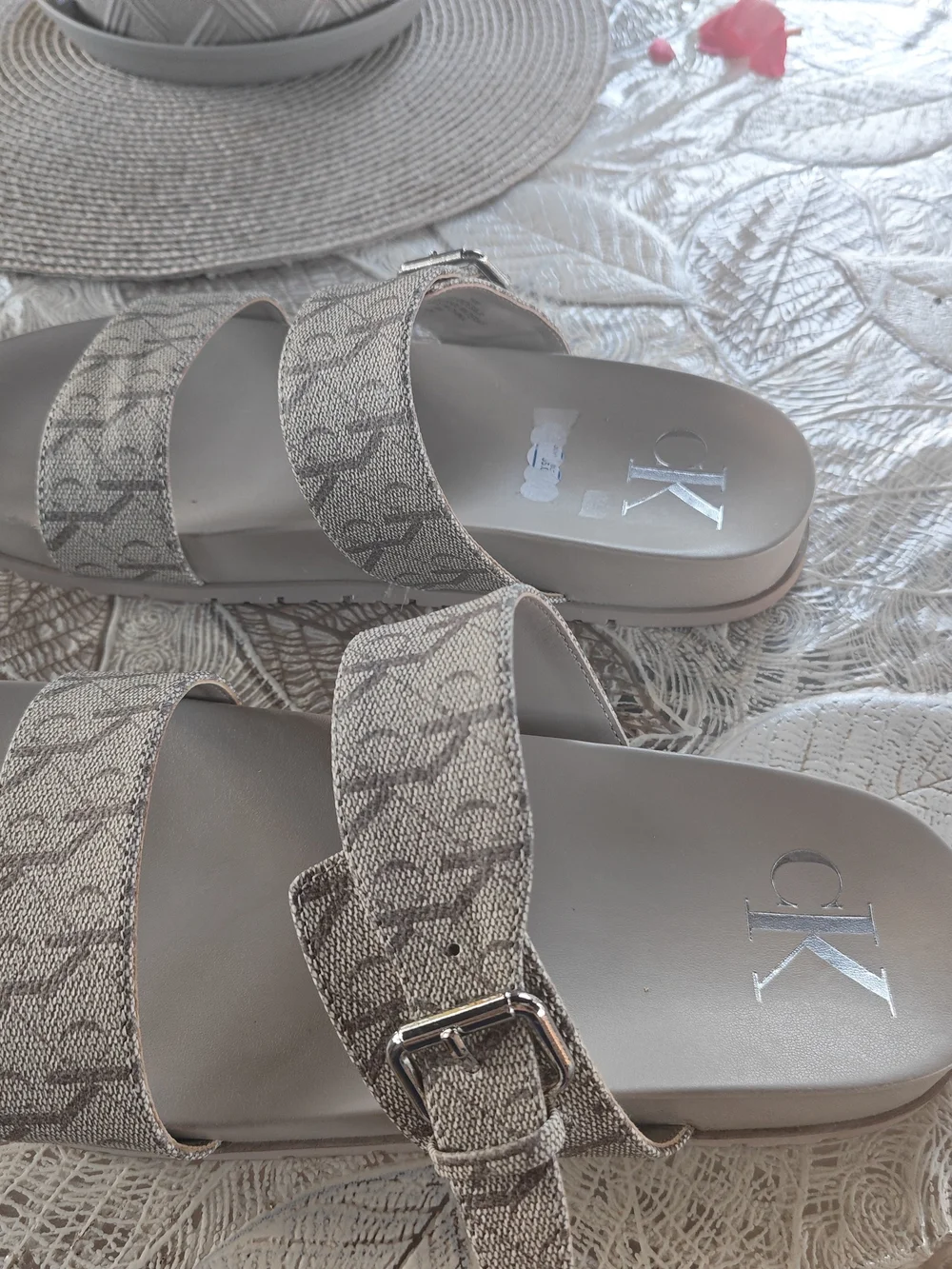 Calvin Klein Women's Beige Logo Double-Strap Slide Sandals